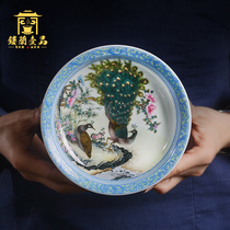 Yizentang pastel double peacock teacup tea cup holder Jingdezhen ceramic full hand painted decorative sitting plate appreciation plate ornaments