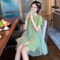 Summer Xiaoqing New yarn New yarn dress dress Student Han version loose Thin Medium Long Dress Short Sleeve Splicing Fairy Skirt