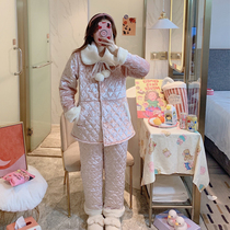 Coral Suede Pajamas Woman Winter Thickened Garnter Triple Clip Cotton Padded Jacket Fur Ball Splicing Cute Home Outwear Suit