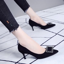 A generation of women 2021 spring new square buckle rhinestone thin heel womens single shoes pointed point shallow frosted high heels Joker