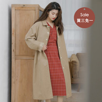 Buy three free and one long song line khaki retro temperament windbreaker womens mid-length small lapel long-sleeved outer