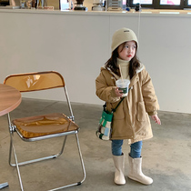 Girl Thickened Cotton Wear 21 Winter Han Edition Card Its Color Neri imitation Rabbit wool Lianhood Long style Warm Windcoat Jacket Tide