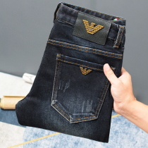 SyingLee jeans mens spring and summer dark blue elastic slim-fit casual pants fashion all-match high-end small feet trousers