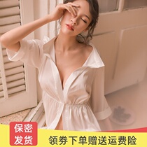 Sexy boyfriend wind shirt summer pajamas sexy transparent underwear womens thin ice silk short nightgown night charm