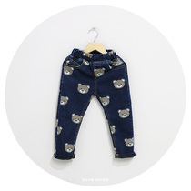 Qing Korean version of winter childrens clothes full of cute bears plus velvet childrens jeans for boys and girls thick cotton pants