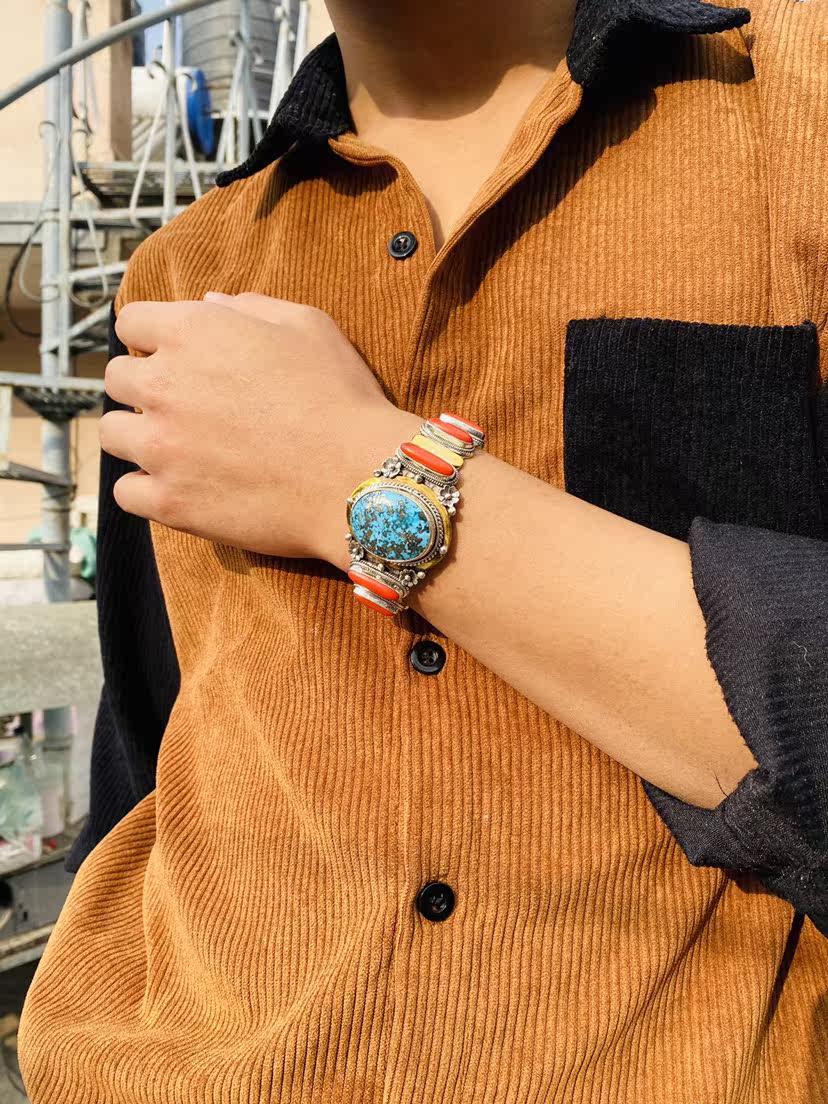 Kaka's original design handmade silver ornaments flowers snowy Iran raw ore turquoise natural patch turquoise bracelet