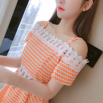 Summer dress New temperament goddess Fan one-word collar off-shoulder dress design sense niche gentle style French suspender skirt