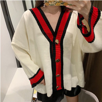 Collage striped knit cardiovert lady autumn 2019 new loose Korean version Lazy V Collar Long Sleeve Short Fur Coat Jacket