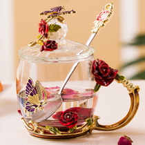 Enamel color Cup with lid glass home loshi flower house rose tea cup girl heart water cup set Cup