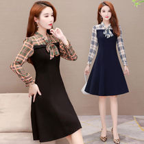 Collection waist Large size Woman Dress Long Sleeve Dress 2020 New Plaid splicing cover Slim Fake two A-word skirts