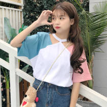 Short sleeve T-shirt schoolgirl round collar open shoulder middle sleeve blouse loose student summer dress original accommodation bf wind lock bone blouses woman