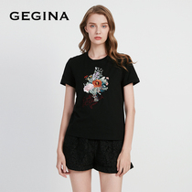 GEGINA Gigina womens new round neck short sleeve embroidery flower loose T-shirt womens wild top top