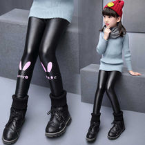 Girls leather pants autumn and winter plus velvet padded leggings imitation leather pants small medium and large childrens wear warm pants casual pants fashion