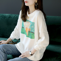 Baoshi Li round neck printed white sweater female 2021 early Autumn New lazy style Korean loose temperament top