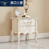 All solid wood carved bedside table European French bedroom bedside table two pumping storage storage small bucket cabinet Pearl White