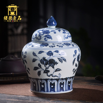 Jingdezhen ceramics full hand-painted Chai kiln blue and white folding flower fruit pattern tea pot storage tank with lid sealed tank ornaments