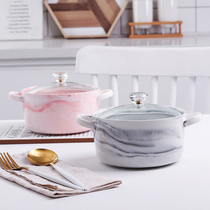 Send chopsticks Nordic marble ceramic double-eared noodle bowl with lid student dormitory microwave Bowl