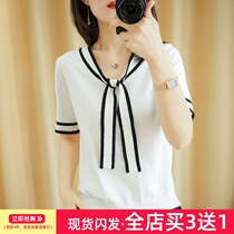 Summer knit shirt short sleeve womens shirt pullover v neck loose bow cotton thread thin wear wild tide