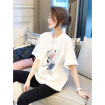 Cartoon heavy industry diamond-encrusted t-shirt womens short-sleeved black white top loose foreign style shirt autumn 2021 new European goods