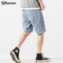 Summer Casual Denim Shorts Male Loose Straight Drum Trends 100 Hitch Ride-Chains Casual Light Pink Medium Pants 50% Pants