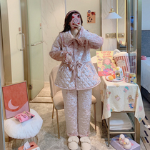 Korean version Winter Coral Flannel woman three-layer clip cotton thickened and gushed pyjamas can be externally worn with warm family clothes suit