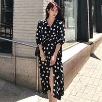 Very immortal French niche dress female waist thin seaside vacation over the knee retro Polo polo point chiffon long skirt