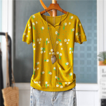 Literary cotton linen style loose thin print short sleeve knitwear T-shirt Women summer wear V neck neck base shirt floral top