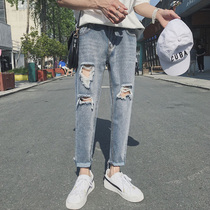 Summer ripped jeans mens chic Korean version of the trend casual pants trend brand straight beggar pants small feet nine-point pants