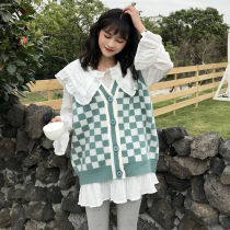  2021 Spring fashion casual suit Womens V-neck plaid cardigan Knitted vest Chiffon shirt shirt two-piece set