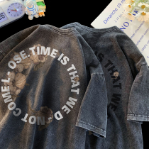 American Wash to Make Old T-shirt Men Short Sleeves Summer Loose Tide Clothes in Trend Hundred Harbor Hip Hop Top