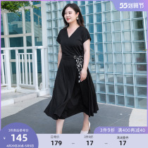 MSShe big code womens dress 2022 new summer dress Fat mm Collar Color Long Dress Strap Open Fork Wrap dress