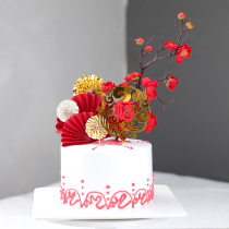 Birthday big red folding fan fan baking cake decoration Red Plum Blossom acrylic blessing character card decoration