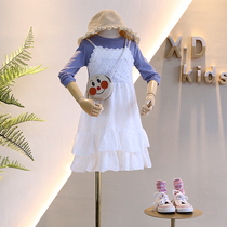 Brand childrens clothing 2019 autumn new girl hipster exquisite embroidery lace fake two pieces design waist dress