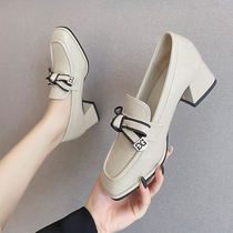 Coarse Heel High Heels Girl 2021 New Spring Spring Season with single shoe square head butterfly knot Inn wind small leather shoes