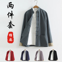 Spring and Autumn Tang costume male coat Chinese Feng cotton sleeve costume Chinese costume Chinese costume Chinese costume compact disc button Zen monk costume tea suit