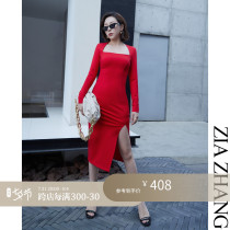 Z Boss Trend Triangle Collar Wrap chest X-shape Curve with dress High open fork Long sleeves small gown dress