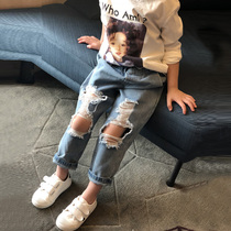 Small and medium childrens clothing Spring-and-autumn-style boys Broken Holes Slim Fit Jeans Girl Casual Pants Baby Beggar Pants Children Long Pants