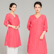 Wunong 2021 Autumn New Tai Chi dress womens collar tether jacquard full linen dress