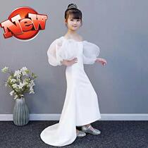 New New White personality lantern sleeves long childrens catwalk evening dress fashion slim g22 split performance