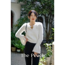 MICHELLY MO white mink sweater women gentle wind autumn winter wear temperament trumpet sleeve knitted top