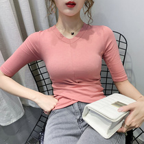 Hong Kong Tide Plus Size Womens Short Sleeve T-Shirt 2021 Autumn Cross Half Sleeve Skinny V-neck Top Knitted base shirt