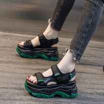 Green Sandals Women Summer 2022 New Internet Red Ultra Fire Thick Bottom Rough Heel Slope Heel Waterproof Bench High Heel Shoe Magic Sticker