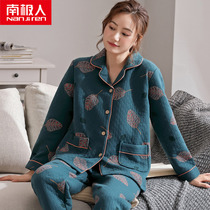Sandwich pajamas womens spring and autumn and winter thickened cotton long-sleeved middle-aged mother home clothes air cotton thin section padded cotton