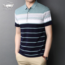 Crocodile cotton lapel short sleeve T-shirt mens trend summer dress young and middle-aged stripes polo shirt mens loose top thin