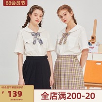 LOLOL Japanese college style white navy collar short-sleeved shirt womens all-match loose student plaid shirt summer