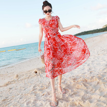 Thai holiday beach dress womens summer new long waist skirt Bohemia floral chiffon dress