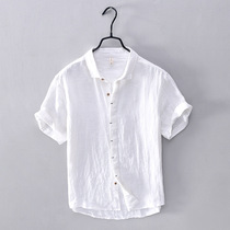 Japanese vintage short sleeve linen shirt mens summer casual white top Joker loose breathable shirt