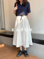 kapok2021 spring new high waist thin commuter all-match waist belt over-the-knee skirt solid color A-line skirt umbrella skirt