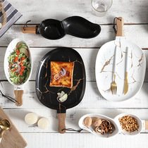 Light luxury Nordic creative matte black glazed pottery tableware simple marbled gold baking bowl with wooden handlebar