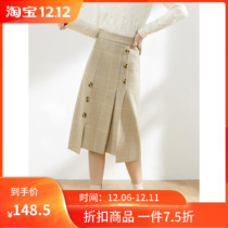 Seven volume a cut small man autumn and winter temperament elegant yellow irregular split plaid skirt skirt 805